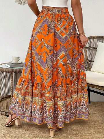 VCAY Paisley Floral Printed Skirt With Ruffled Hem