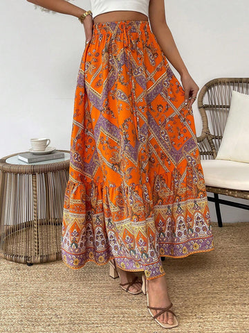 VCAY Paisley Floral Printed Skirt With Ruffled Hem