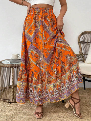 VCAY Paisley Floral Printed Skirt With Ruffled Hem