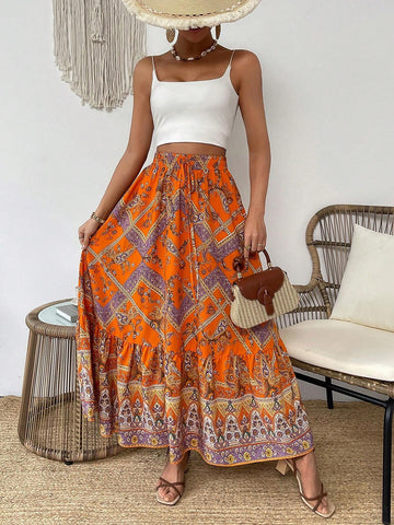 VCAY Paisley Floral Printed Skirt With Ruffled Hem