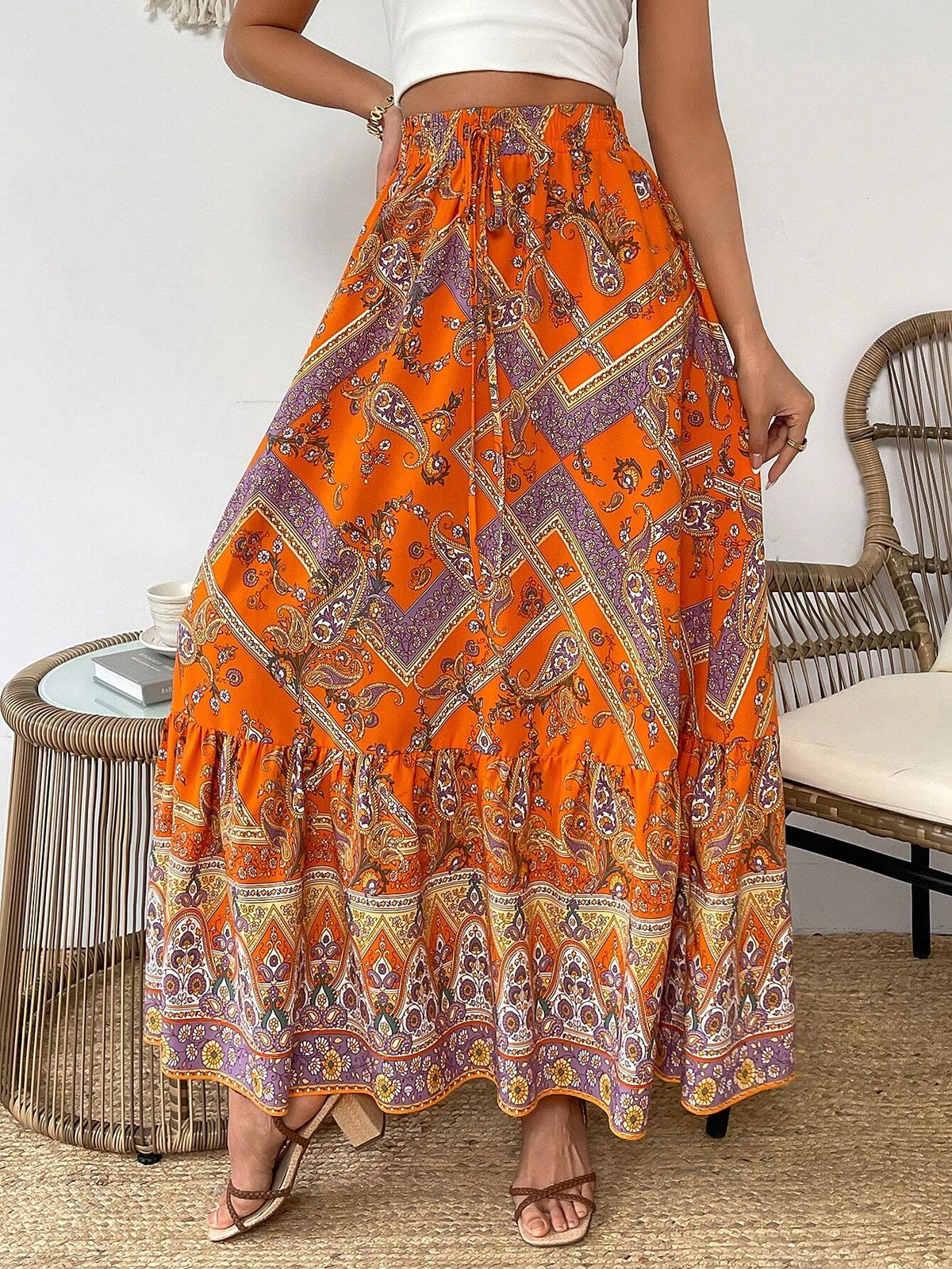 VCAY Paisley Floral Printed Skirt With Ruffled Hem