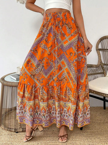 VCAY Paisley Floral Printed Skirt With Ruffled Hem