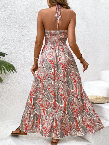 VCAY Paisley Pattern Backless Halter Neck Dress