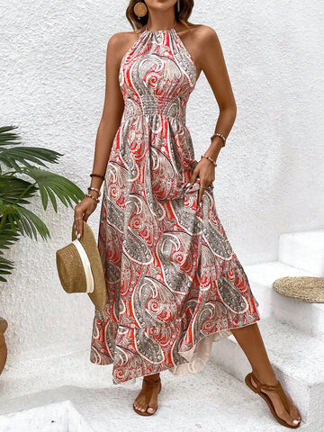 VCAY Paisley Pattern Backless Halter Neck Dress