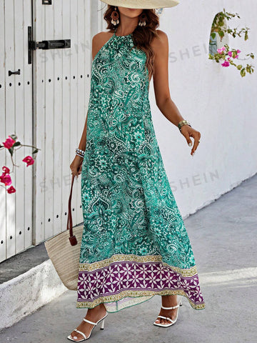 Paisley Print Backless Halter Neck Strap Dress