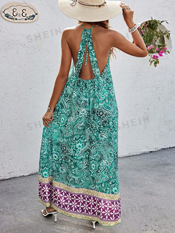 Paisley Print Backless Halter Neck Strap Dress