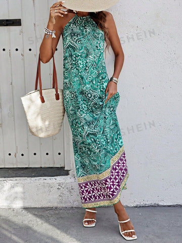 Paisley Print Backless Halter Neck Strap Dress