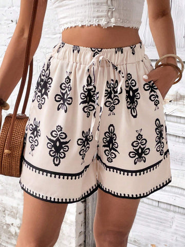 VCAY Paisley Print Casual Straight Shorts