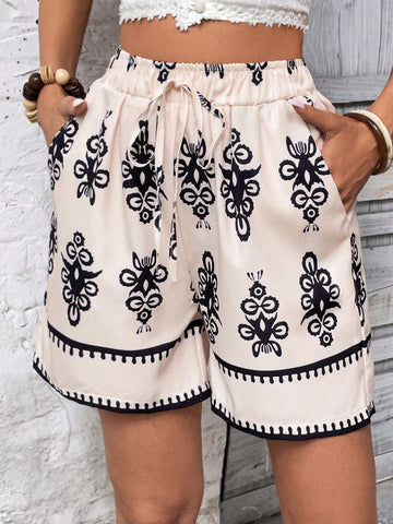 VCAY Paisley Print Casual Straight Shorts