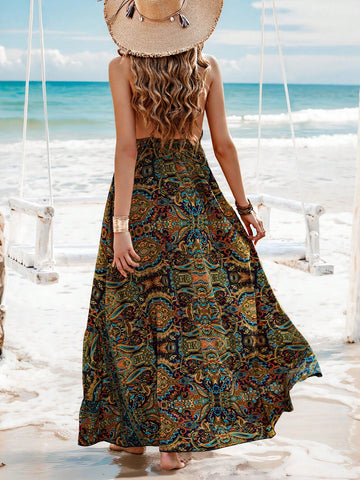 Paisley Print Halter Backless Dress