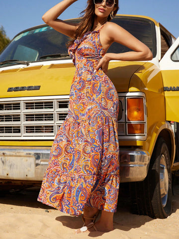 Paisley Print Halter Neck Maxi Dress