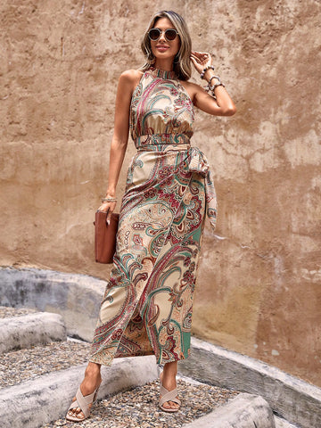 Paisley Print Halter Top & Knot Side Wrap Skirt