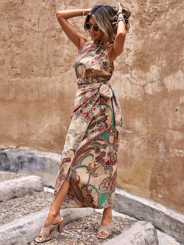 Paisley Print Halter Top & Knot Side Wrap Skirt