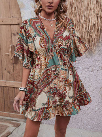 Paisley Print Ruffle Hem Dress