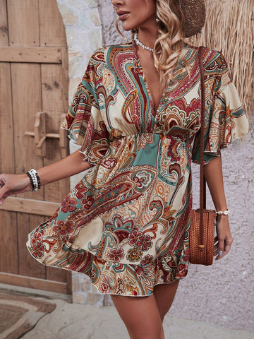 Paisley Print Ruffle Hem Dress