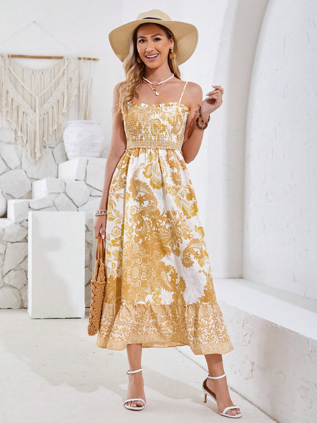 Paisley Print Shirred Spaghetti Strap Dress