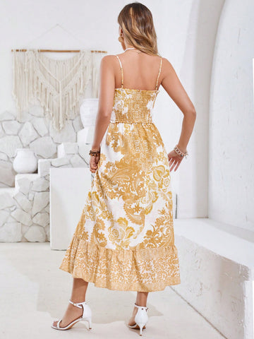Paisley Print Shirred Spaghetti Strap Dress