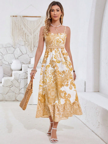 Paisley Print Shirred Spaghetti Strap Dress