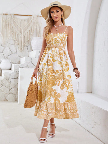 Paisley Print Shirred Spaghetti Strap Dress