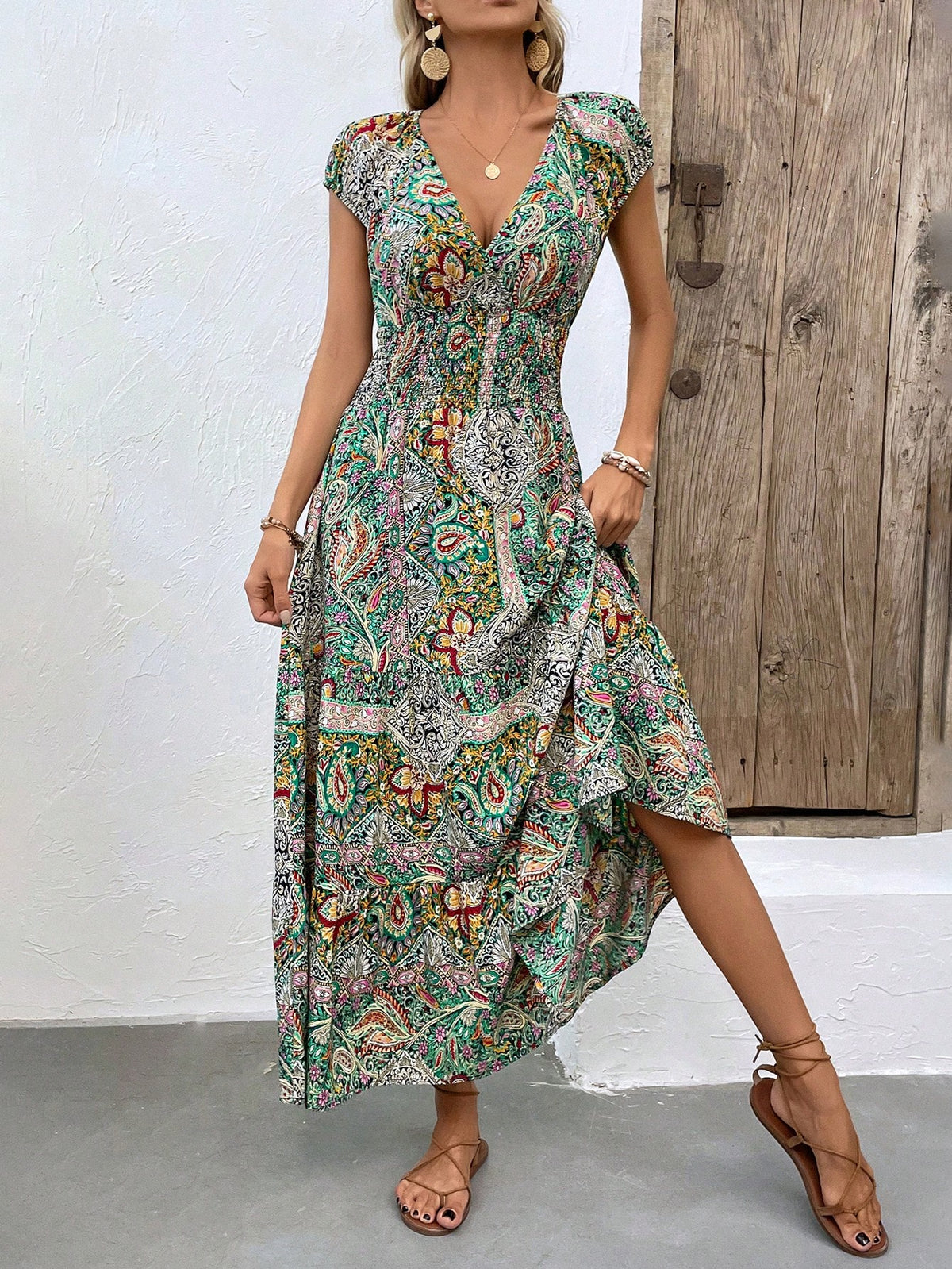 VCAY Paisley Print Shirred Waist Batwing Sleeve Dress