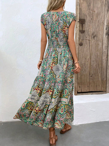 VCAY Paisley Print Shirred Waist Batwing Sleeve Dress