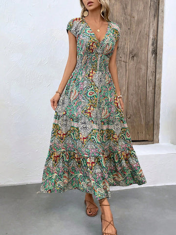 VCAY Paisley Print Shirred Waist Batwing Sleeve Dress