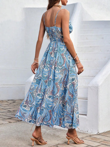 Paisley Print V-Neck Spaghetti Strap Dress