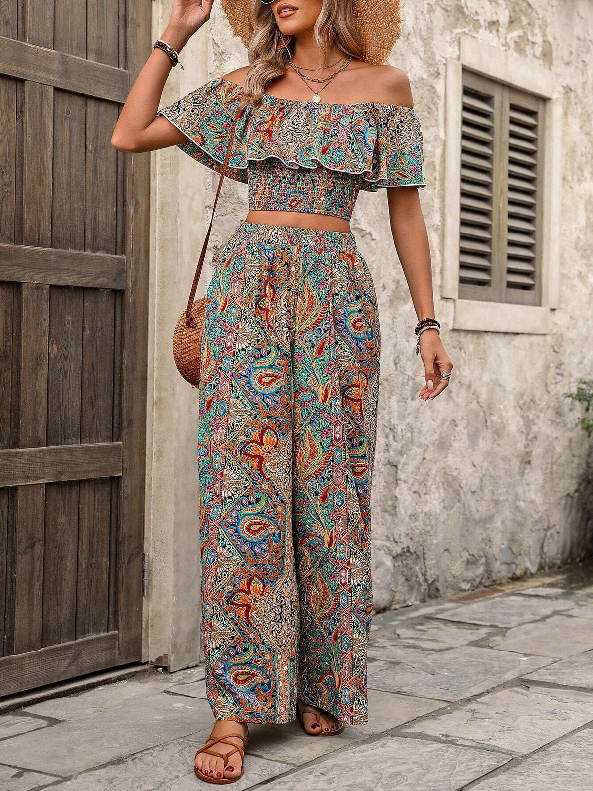 Paisley Printed One Shoulder Top And Loose Straight Leg Pants