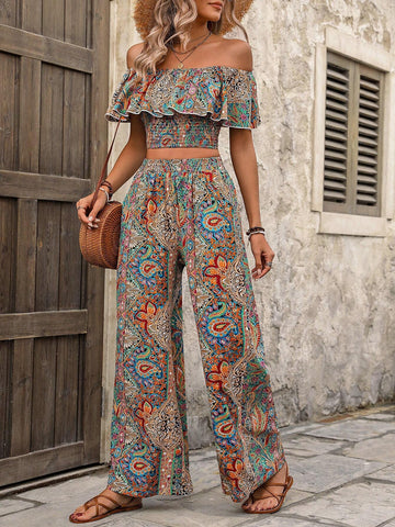 Paisley Printed One Shoulder Top And Loose Straight Leg Pants