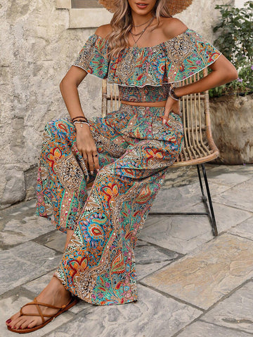 Paisley Printed One Shoulder Top And Loose Straight Leg Pants