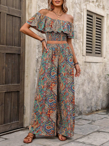 Paisley Printed One Shoulder Top And Loose Straight Leg Pants