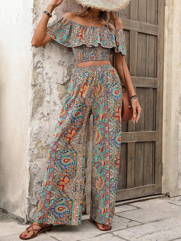 Paisley Printed One Shoulder Top And Loose Straight Leg Pants