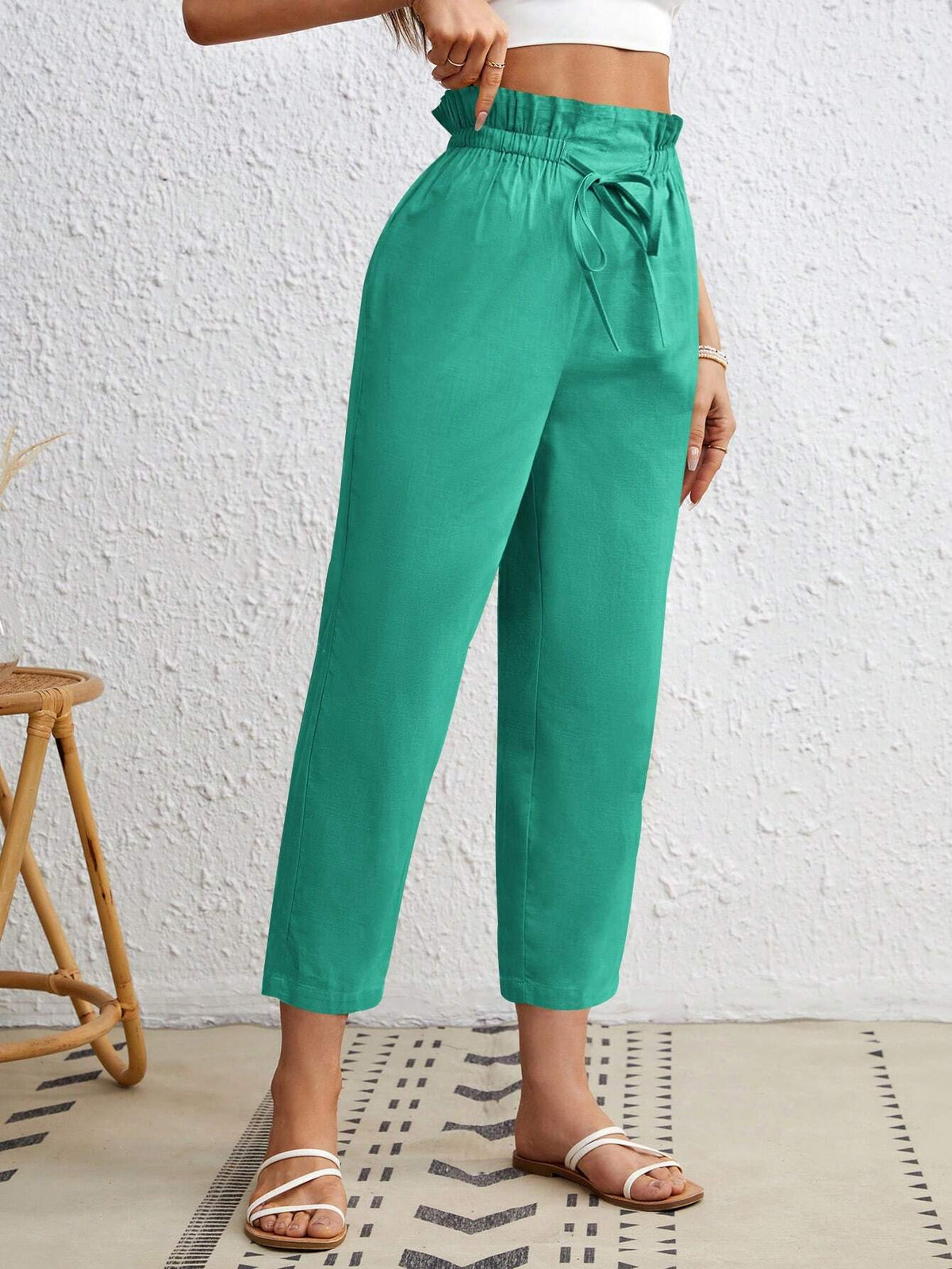 VCAY Paper Bag Waist Relax Fit Tapered Pants, Suitable For Spring And Summer