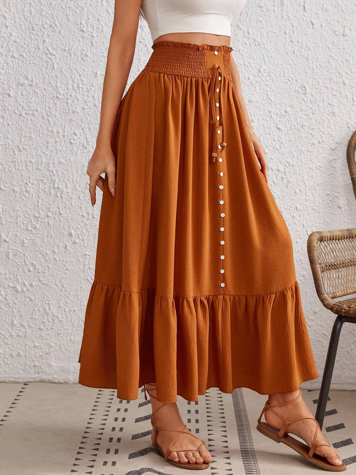VCAY Paperbag Waist Ruffle Hem Knot Front Button Front Skirt