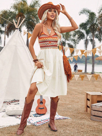 Patchwork Embroidered Waist-Cinching Cami Dress