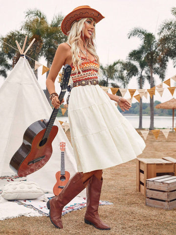 Patchwork Embroidered Waist-Cinching Cami Dress