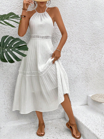 VCAY Patchwork Lace Open Back Tie Halter Neck Dress