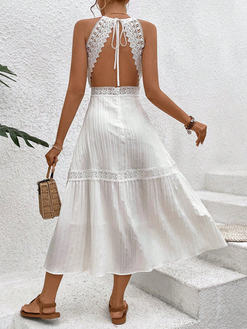 VCAY Patchwork Lace Open Back Tie Halter Neck Dress