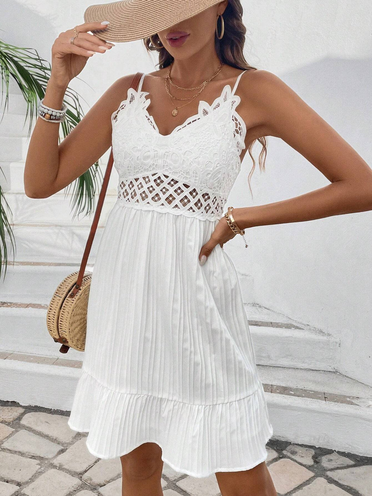 Patchwork Lace & Pleated Hem Cami Dress