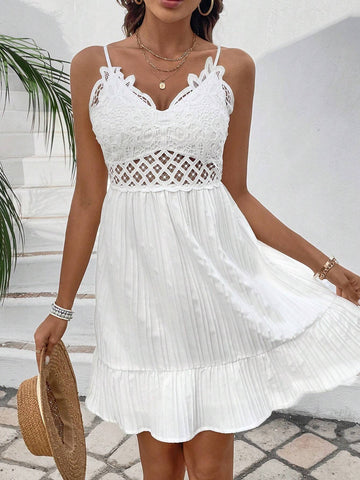Patchwork Lace & Pleated Hem Cami Dress