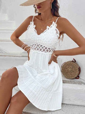Patchwork Lace & Pleated Hem Cami Dress