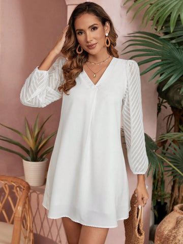Patchwork Mesh Deep V-Neck Lantern Sleeve Dress