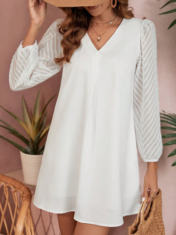Patchwork Mesh Deep V-Neck Lantern Sleeve Dress