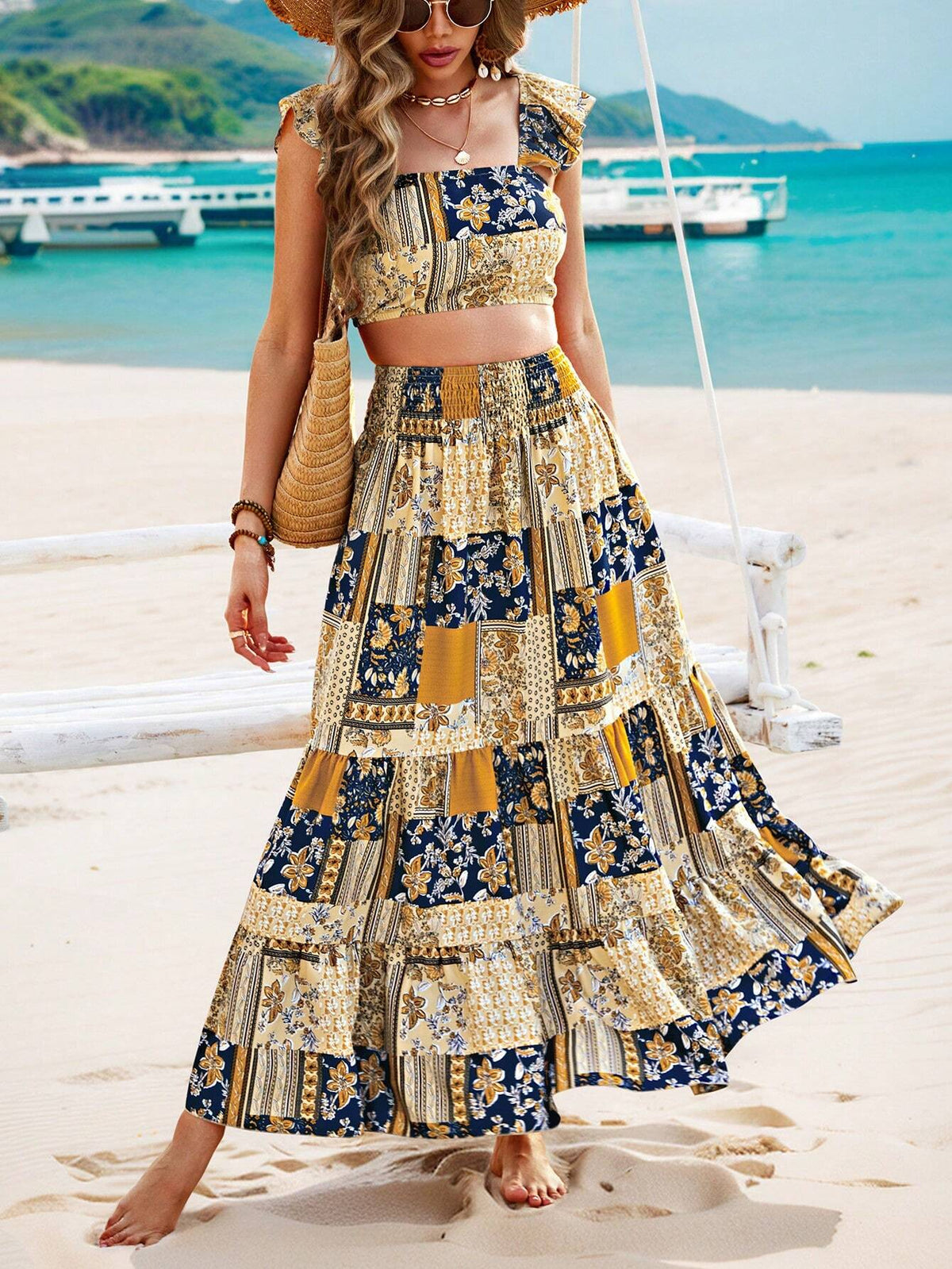 Patchwork Print Casual Vacation Set