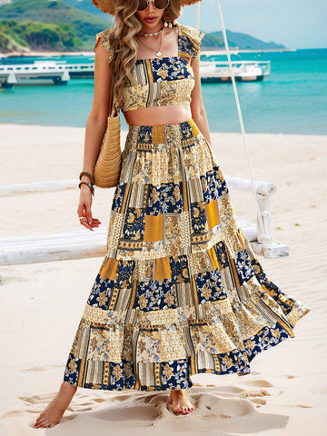 Patchwork Print Casual Vacation Set