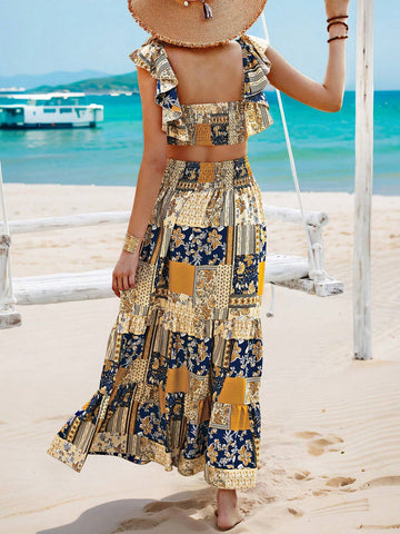 Patchwork Print Casual Vacation Set