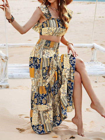 Patchwork Print Casual Vacation Set