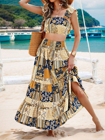 Patchwork Print Casual Vacation Set