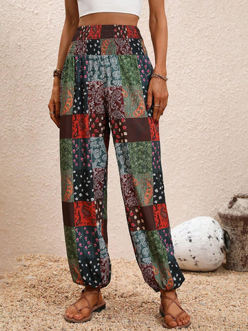 VCAY Patchwork Print Shirred Waist Pants