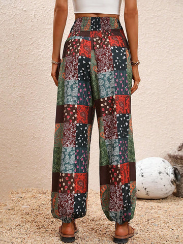 VCAY Patchwork Print Shirred Waist Pants